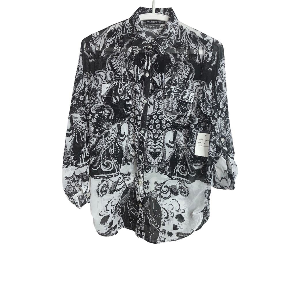 Madison Paige Women's Black & White MED-NEW Button Up Blouse Paisley Semi-Sheer